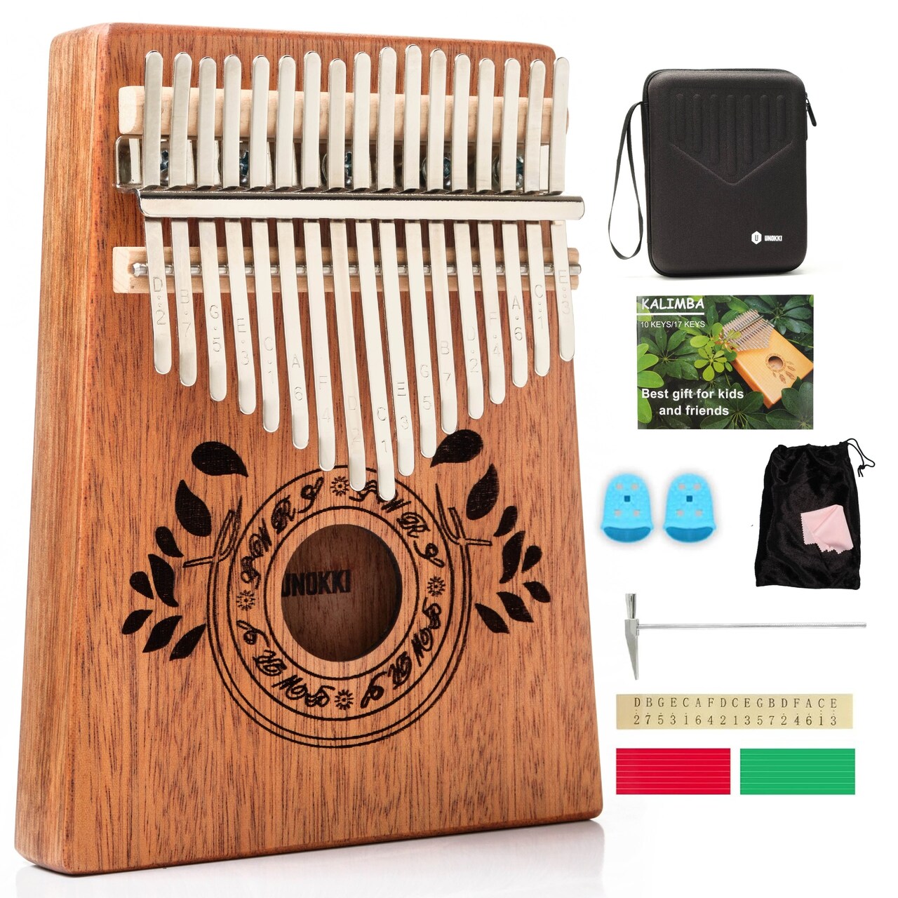 UNOKKI Kalimba 17 Key Thumb Piano with Hard Case, Portable Mahogany Mbira with Instruction, Finger Covers and Tune Hammer, Gift for Kids, Adults, Men and Music Lovers - Light Brown (7.4 in x 5.2 in)